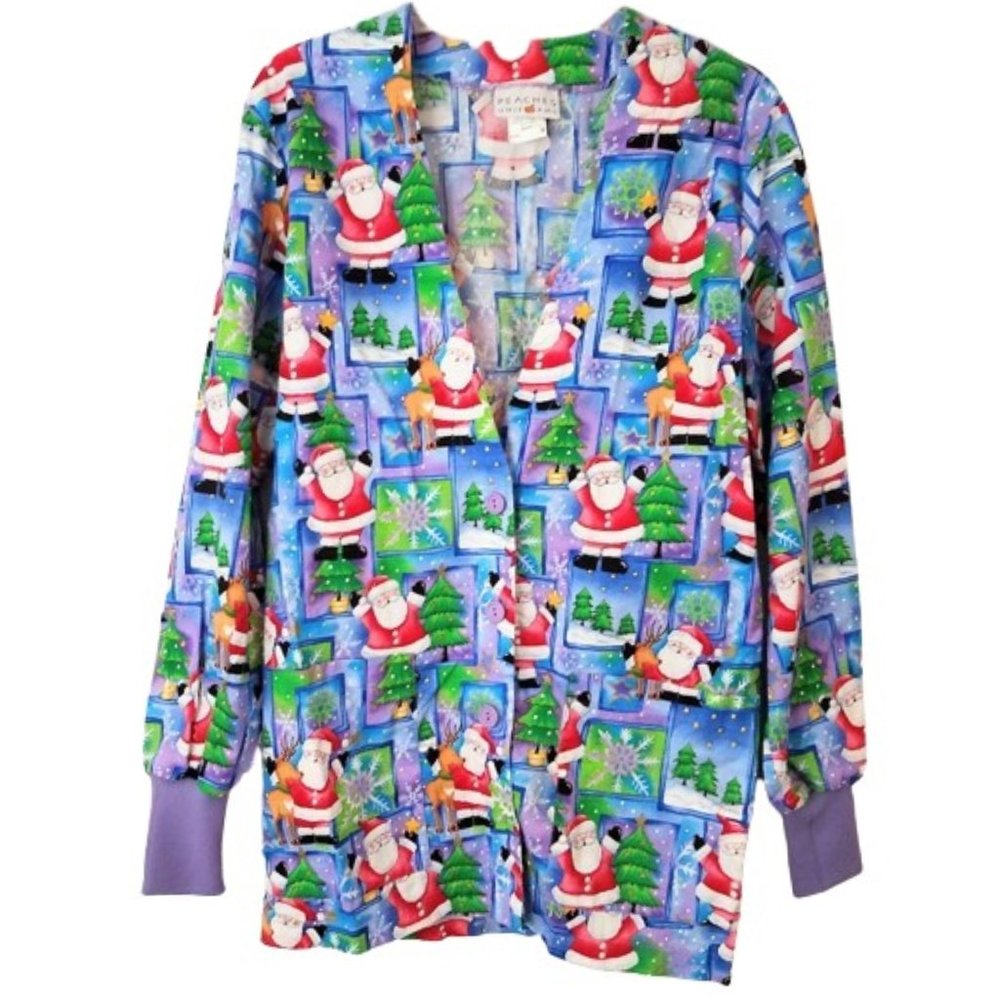 PEACHES UNIFORMS Purple & Blue Holiday Santa Scrub Top - Women's S